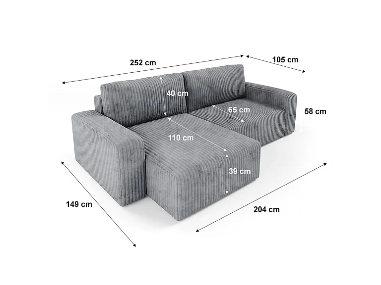 Canapé d'angle réversible et convertible 3 places avec coffre et accoudoirs Angela Gris foncé