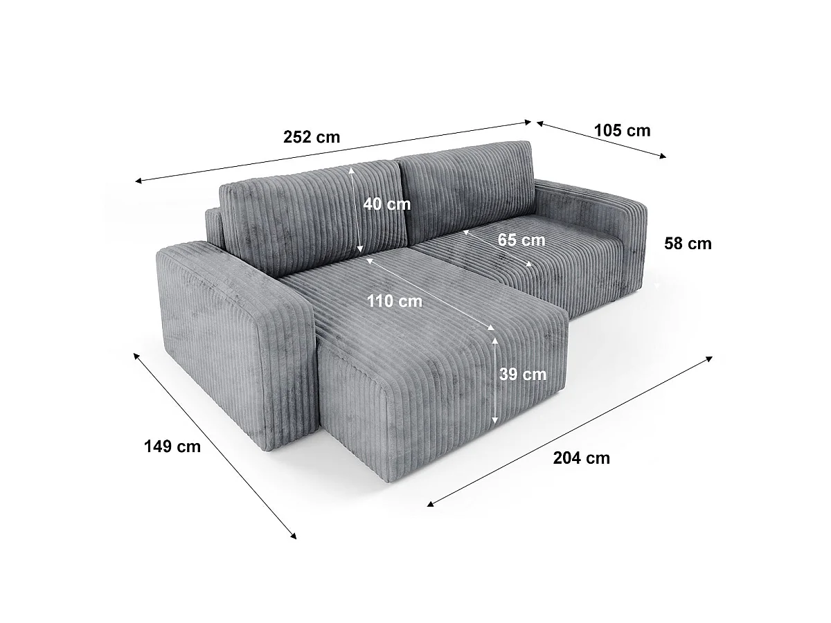 Canapé d'angle convertible 3 places réversible avec coffre en tissu gris foncé ANGELA