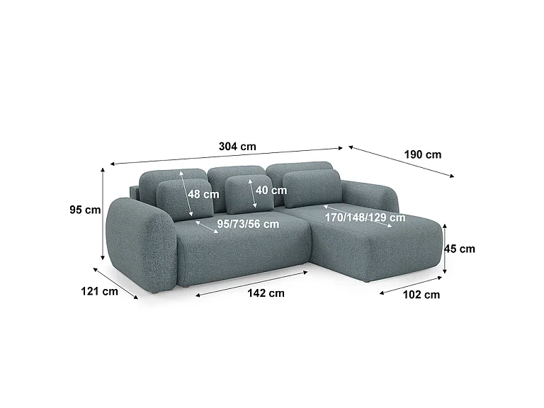 Canapé d'angle réversible et convertible 3 places avec coffre Carmela Bleu