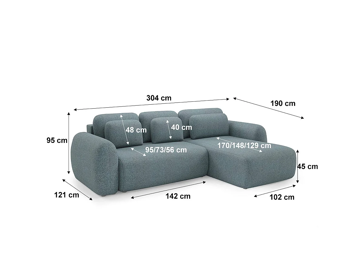 Canapé d'angle convertible 3 places réversible avec coffre en tissu bleu CARMELA