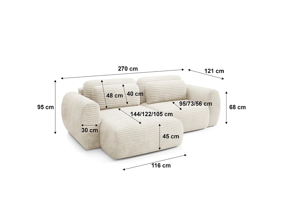 Canapé d'angle convertible 3 places réversible avec coffre en tissu blanc