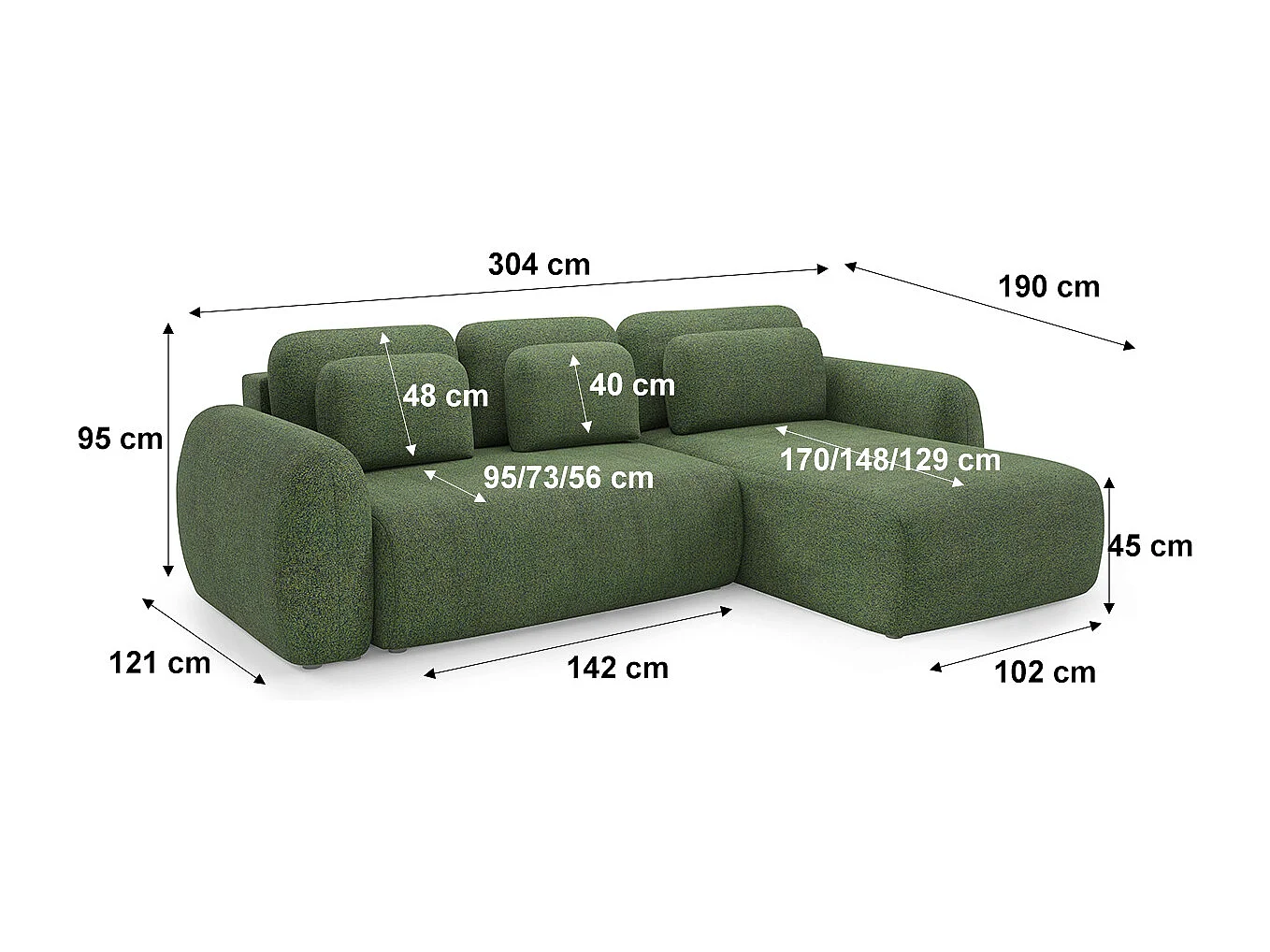 Canapé d'angle réversible et convertible 3 places avec coffre Carmela Vert