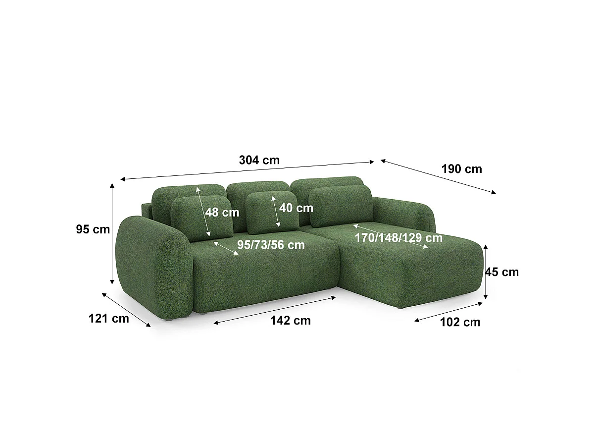 Canapé d'angle convertible 3 places réversible avec coffre en tissu vert CARMELA