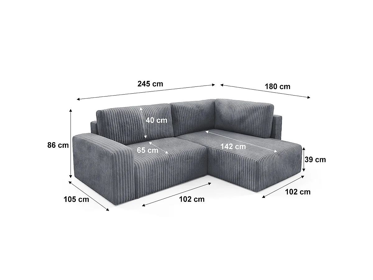 Canapé d'angle droit convertible 4 places avec coffre en tissu gris foncé ANGEL