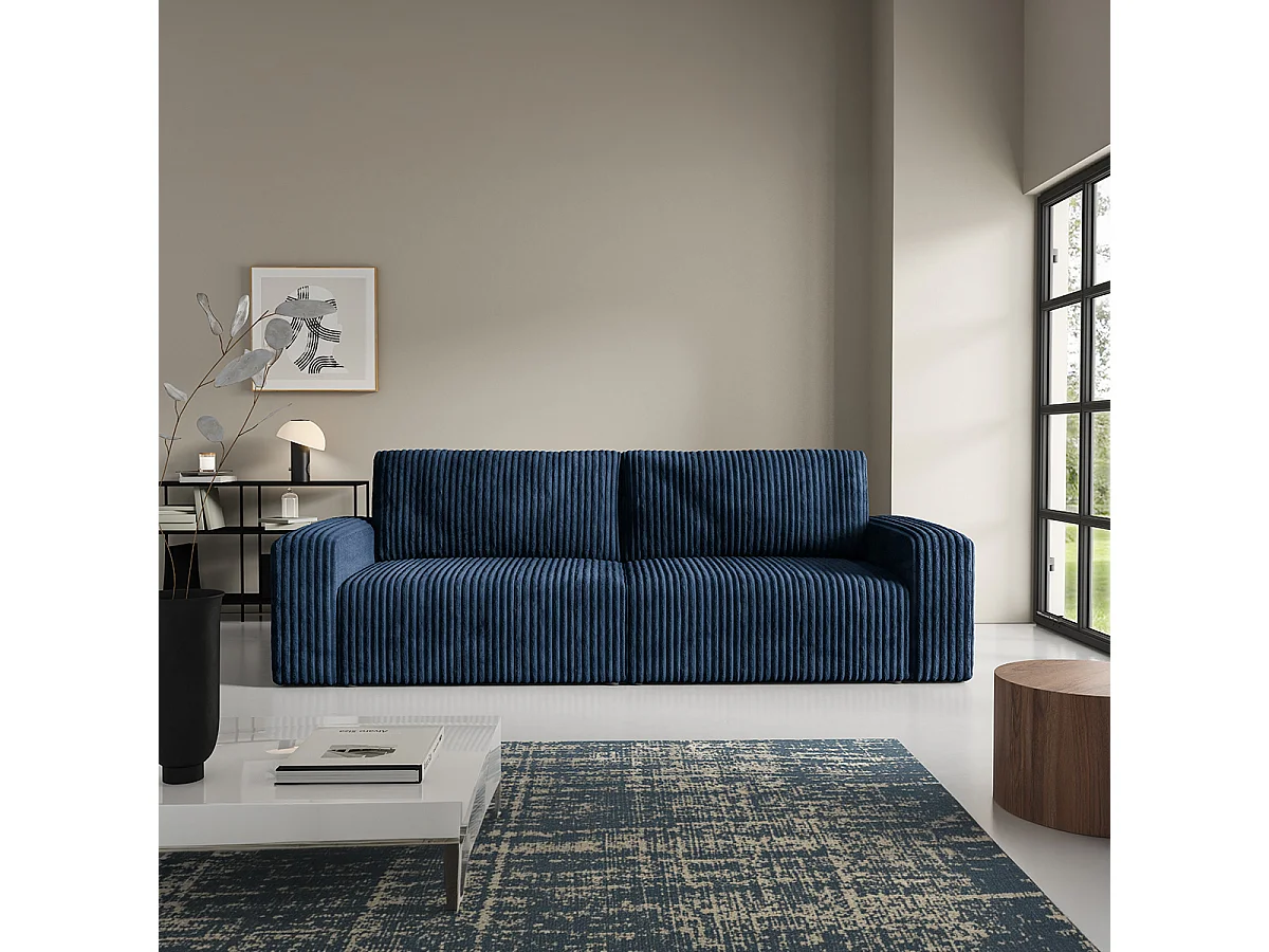 Canapé convertible 3 places avec coffre et accoudoirs Angela Bleu marine