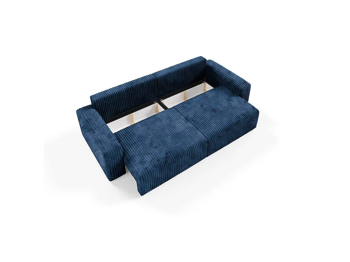 Canapé convertible 3 places avec coffre en tissu bleu marine ANGELA