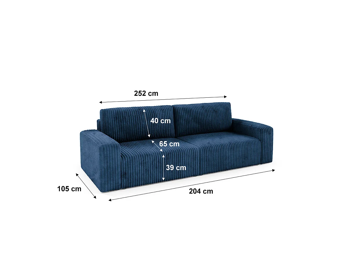 Canapé convertible 3 places avec coffre en tissu bleu marine ANGELA