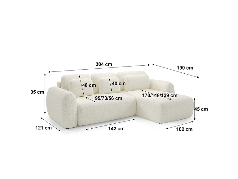 Canapé d'angle réversible et convertible 3 places avec coffre Carmela Blanc