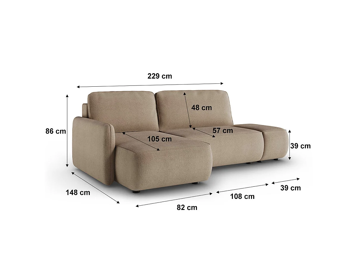 Canapé d'angle convertible 3 places réversible avec coffre en tissu taupe ALESSIO