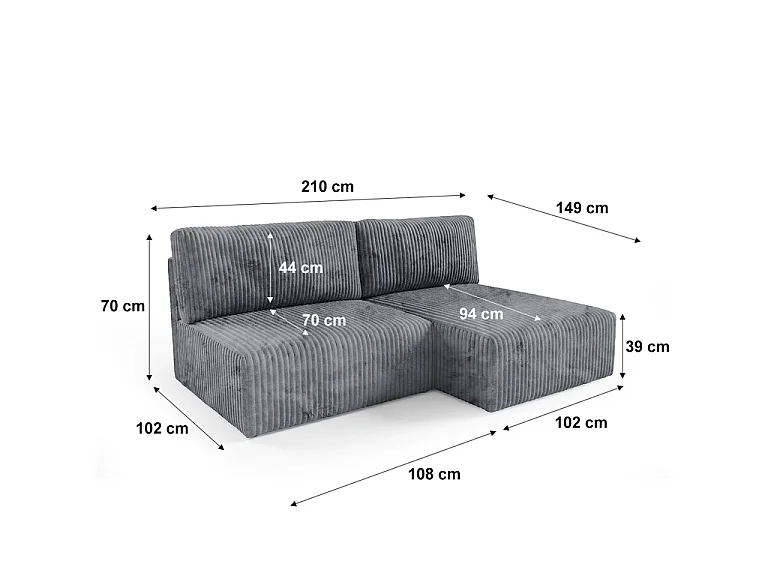 Canapé d'angle réversible et convertible 3 places avec coffre Angela Gris foncé