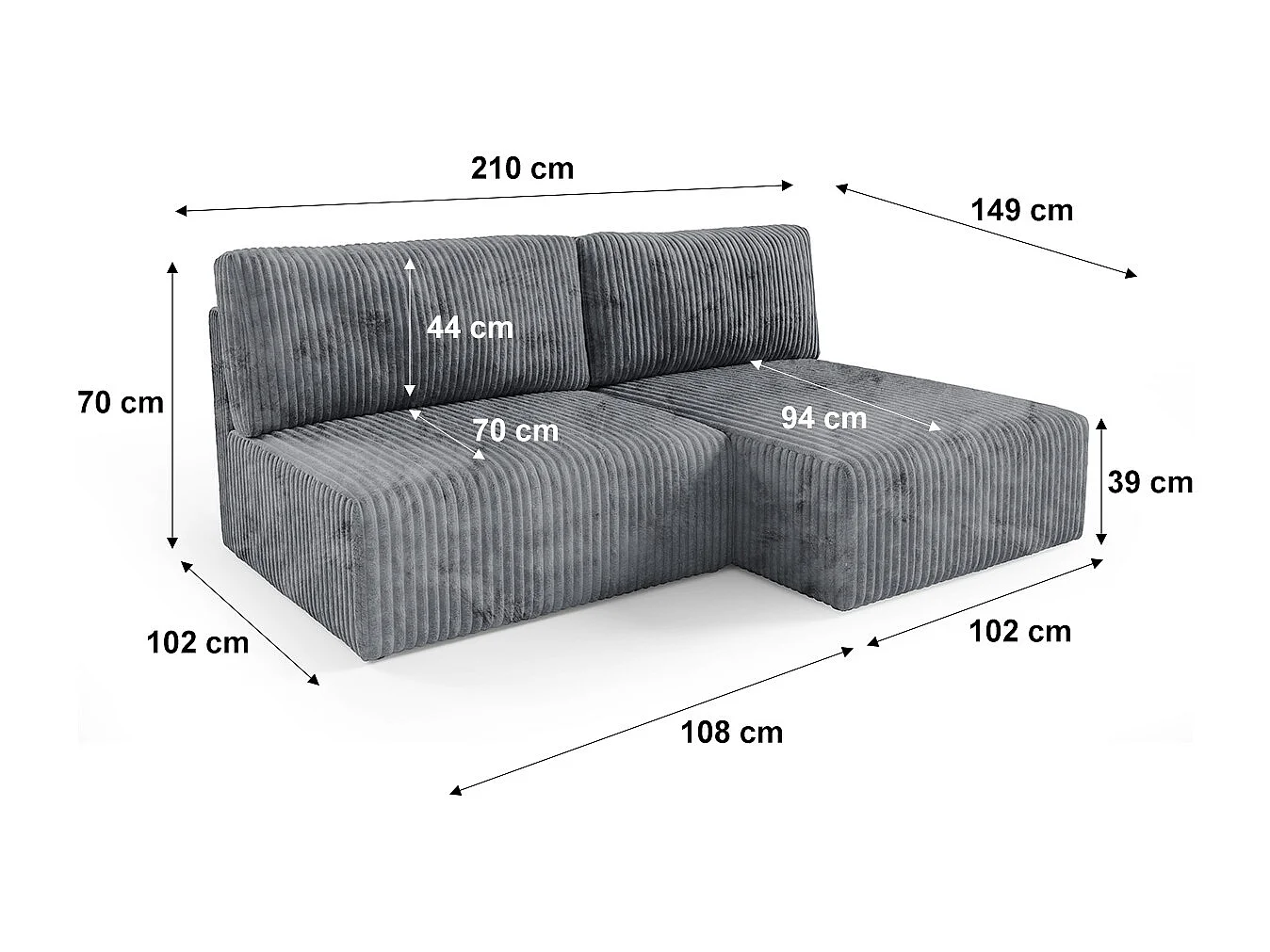 Canapé d'angle réversible et convertible 3 places avec coffre Angela Gris foncé