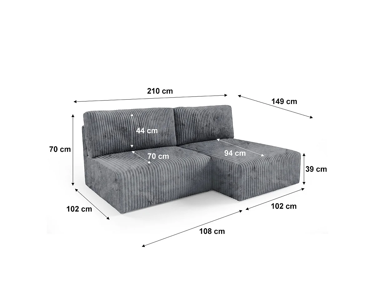 Canapé d'angle convertible 3 places réversible avec coffre en tissu gris foncé ANGEL