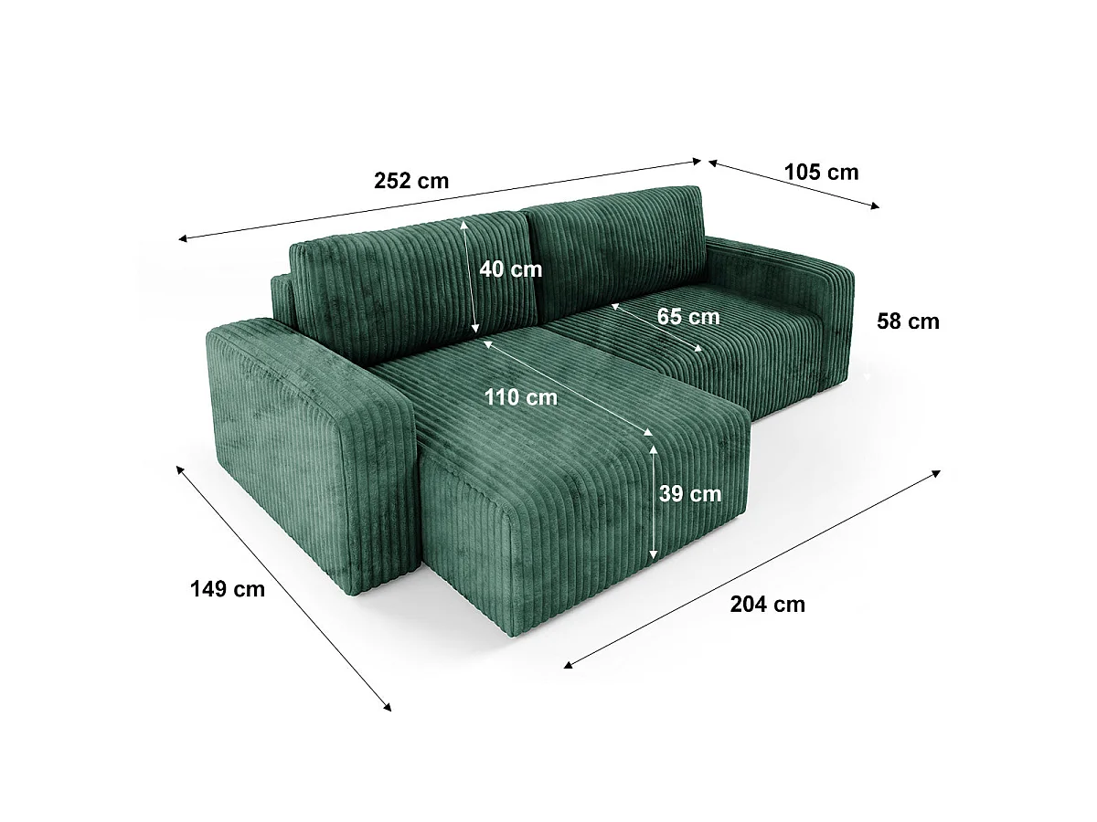 Canapé d'angle convertible 3 places réversible avec coffre en tissu vert sapin ANGELA