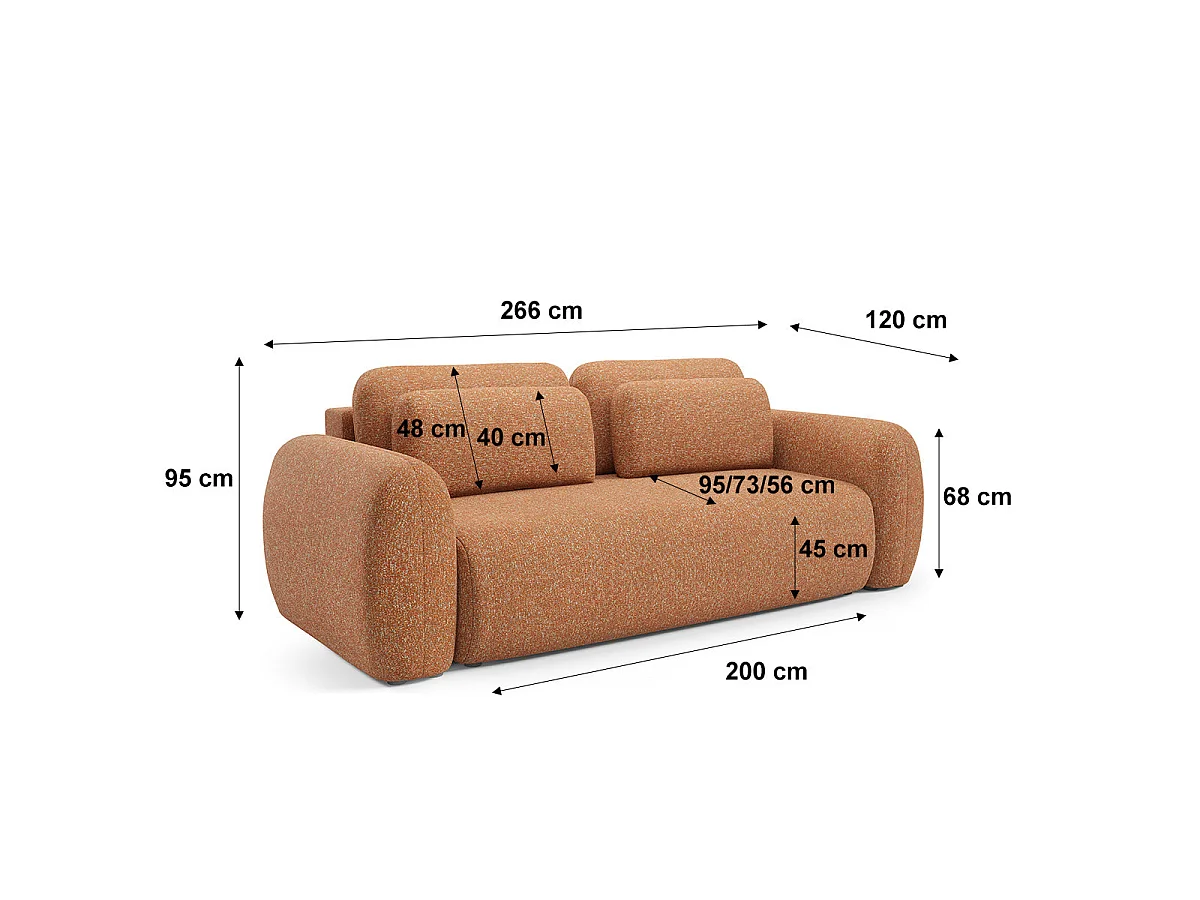 Canapé convertible 3 places avec coffre en tissu orange CARMELA