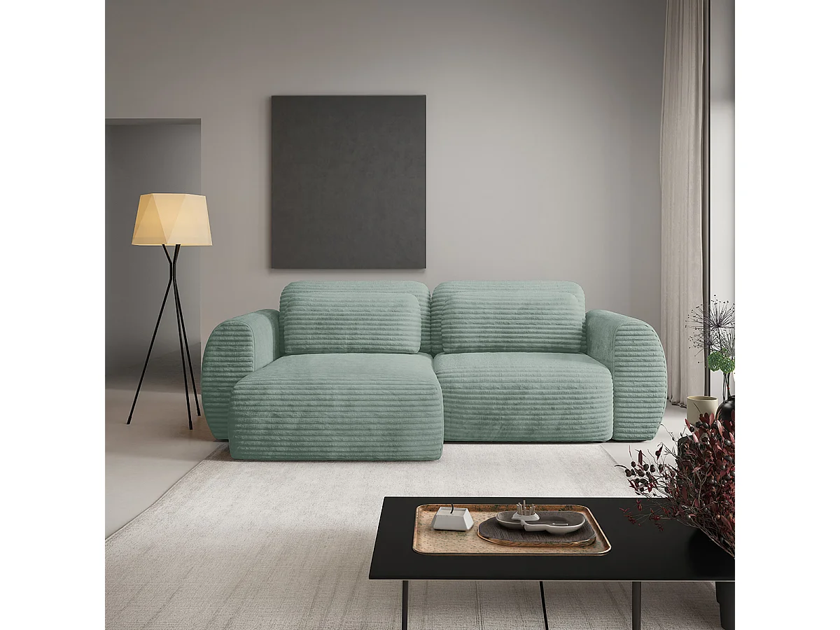 Canapé d'angle réversible et convertible 3 places avec coffre Camilla Vert d'eau