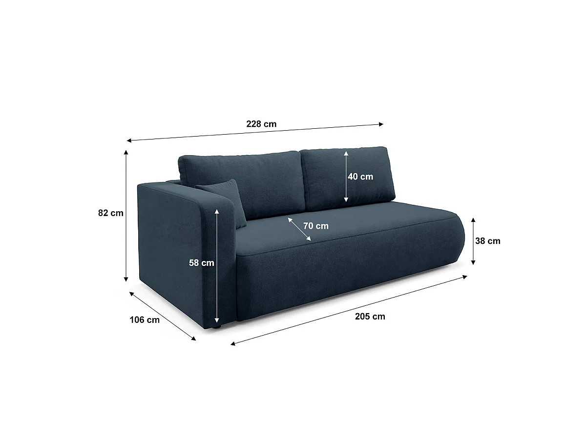 Canapé convertible 3 places réversible avec coffre en tissu bleu ANTONIO