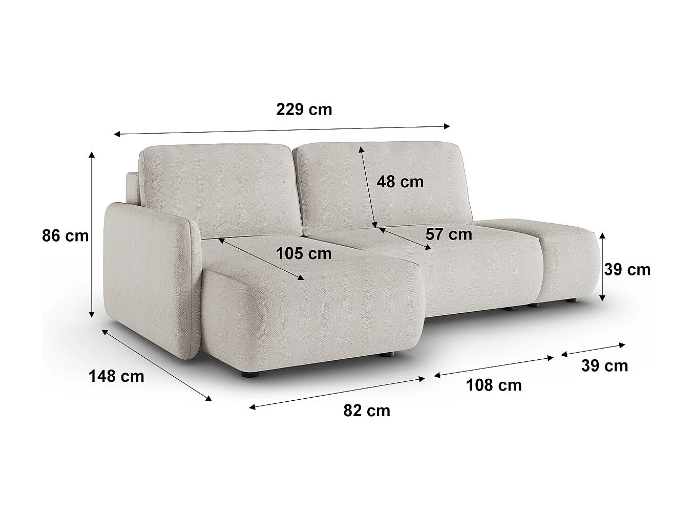 Canapé d'angle réversible et convertible 3 places avec coffre Alessio Gris clair