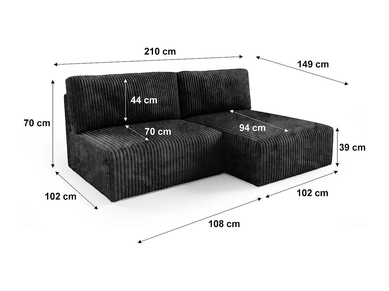 Canapé d'angle réversible et convertible 3 places avec coffre Angela Noir