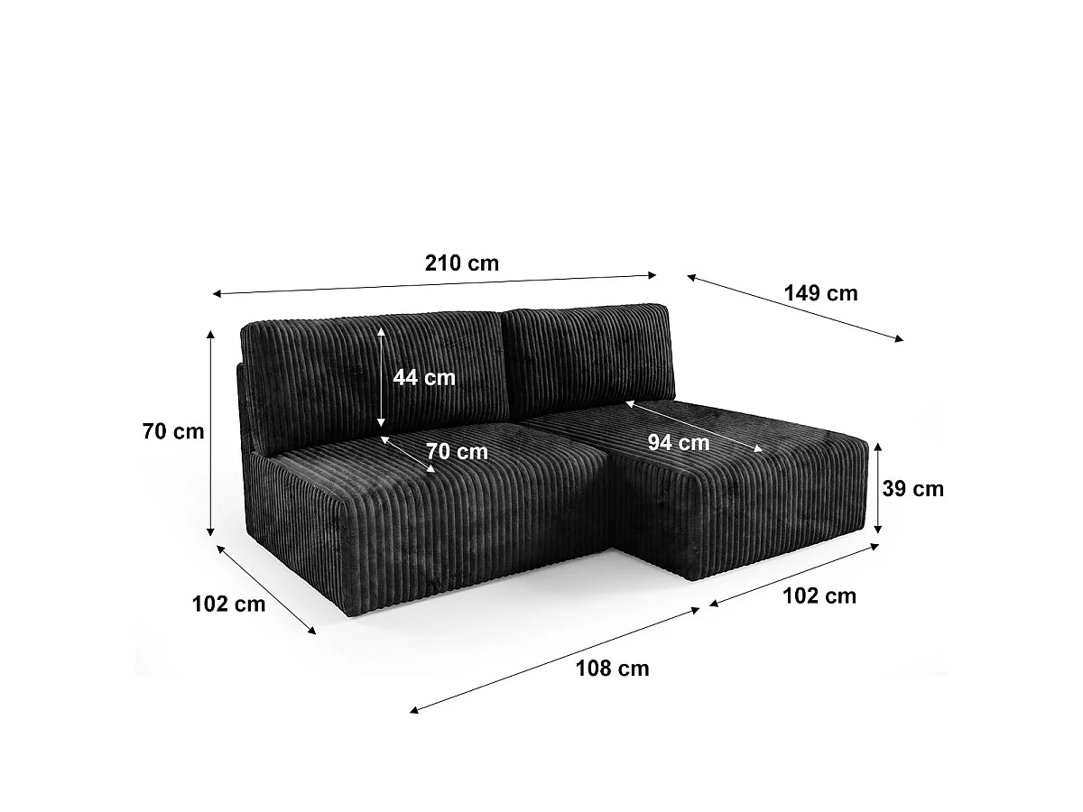 Canapé d'angle convertible 3 places réversible avec coffre en tissu noir ANGEL
