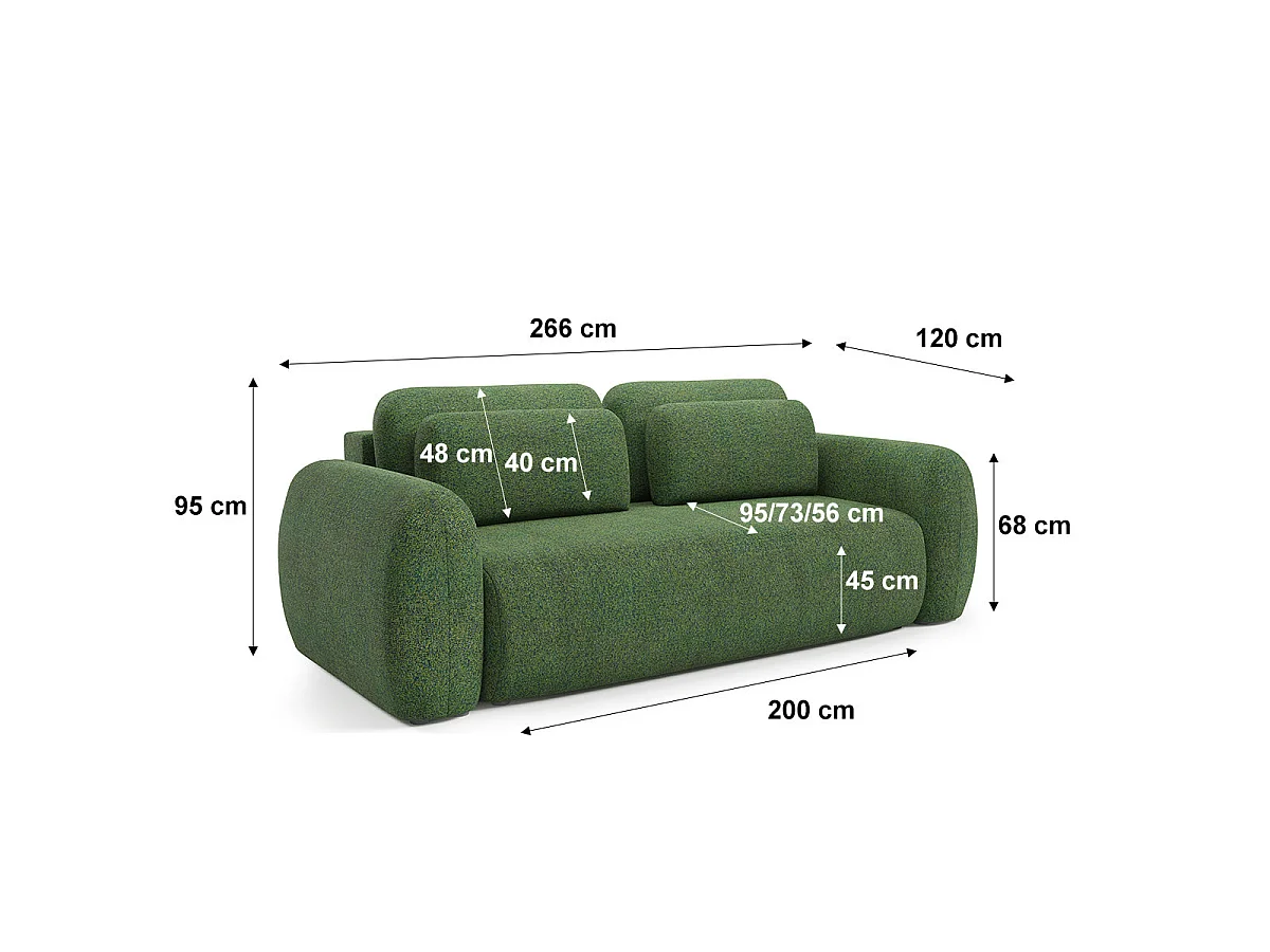 Canapé convertible 3 places avec coffre en tissu vert CARMELA