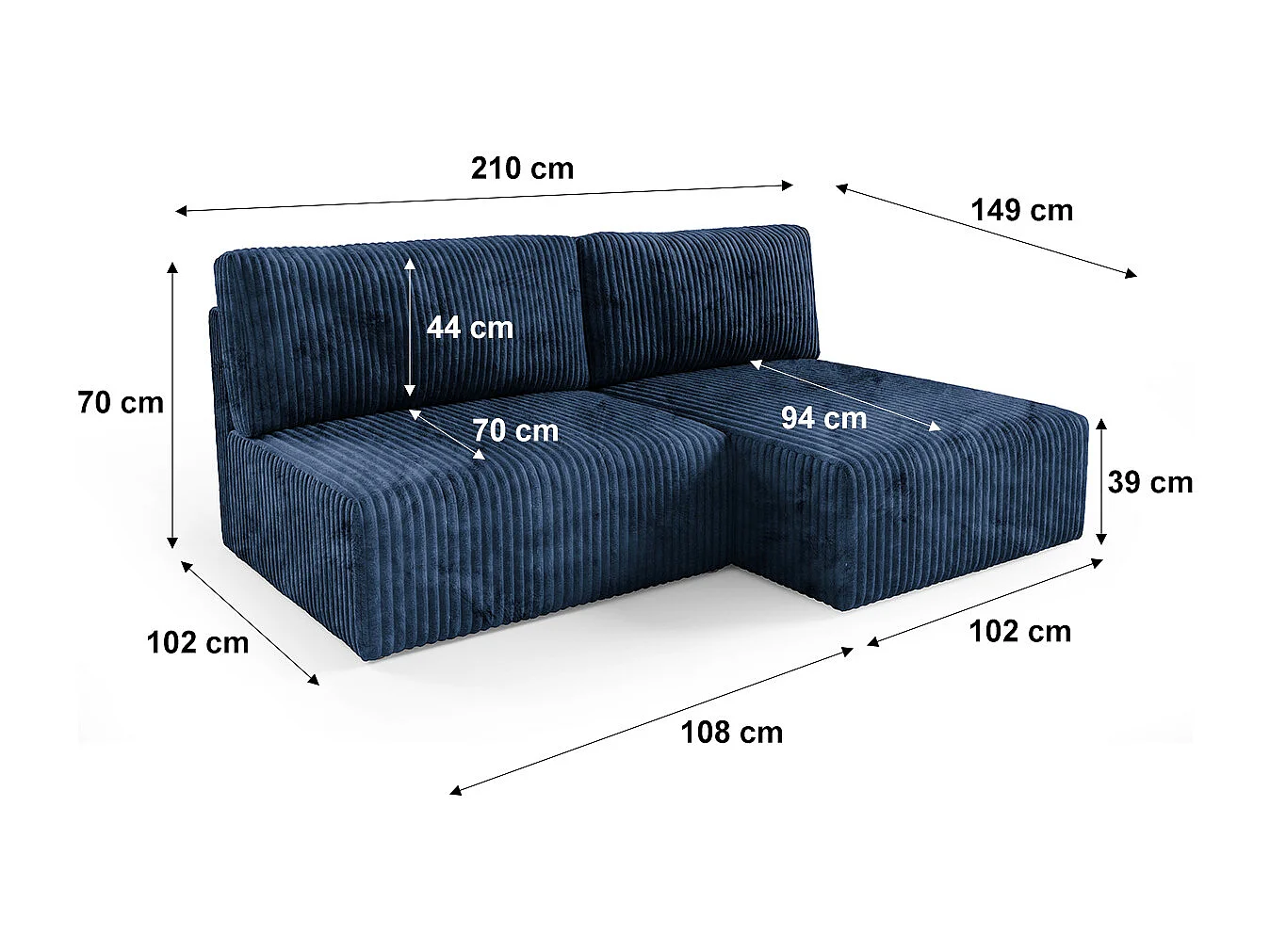 Canapé d'angle réversible et convertible 3 places avec coffre Angela Bleu marine