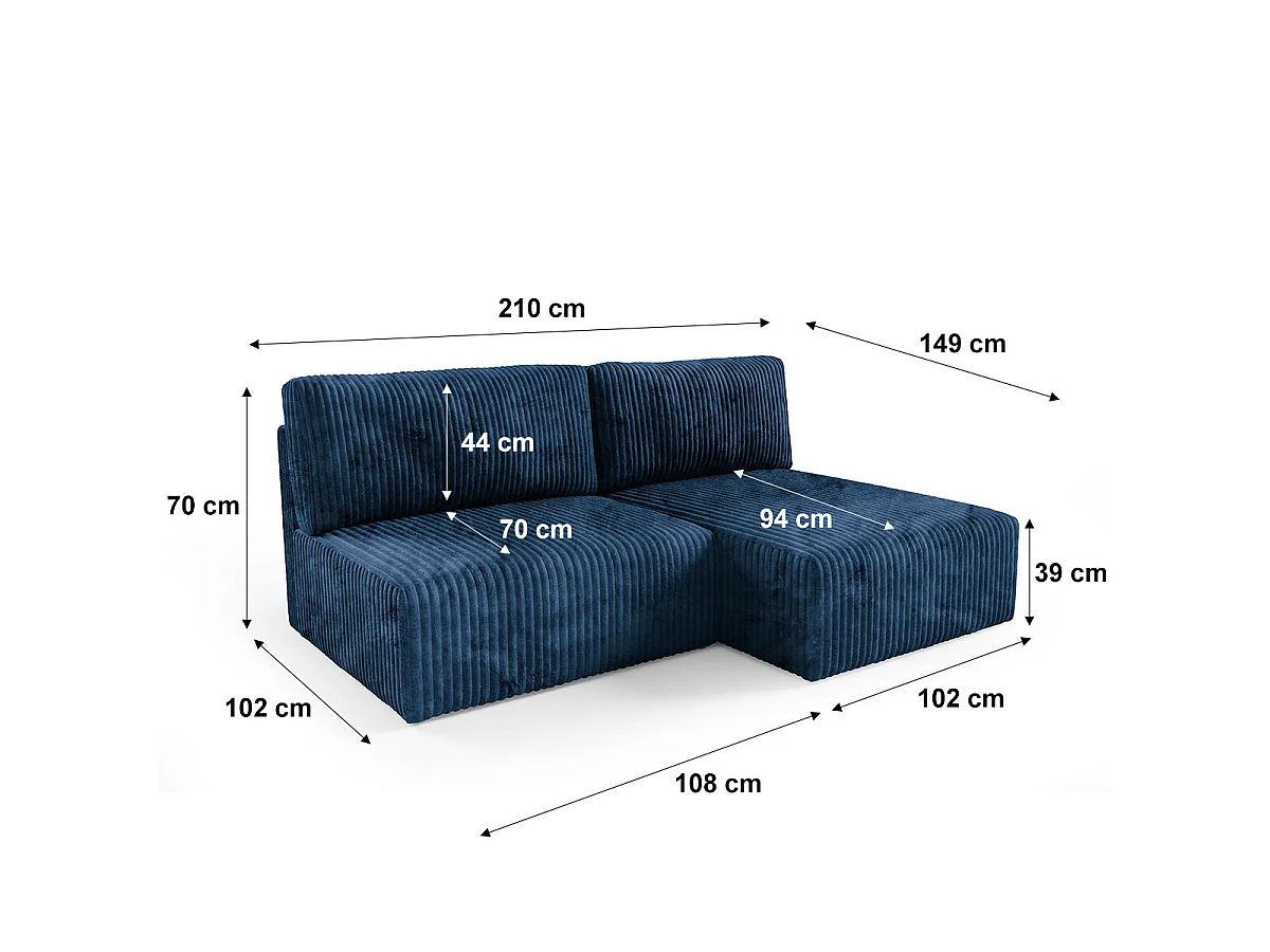 Canapé d'angle convertible 3 places réversible avec coffre en tissu bleu marine ANGEL