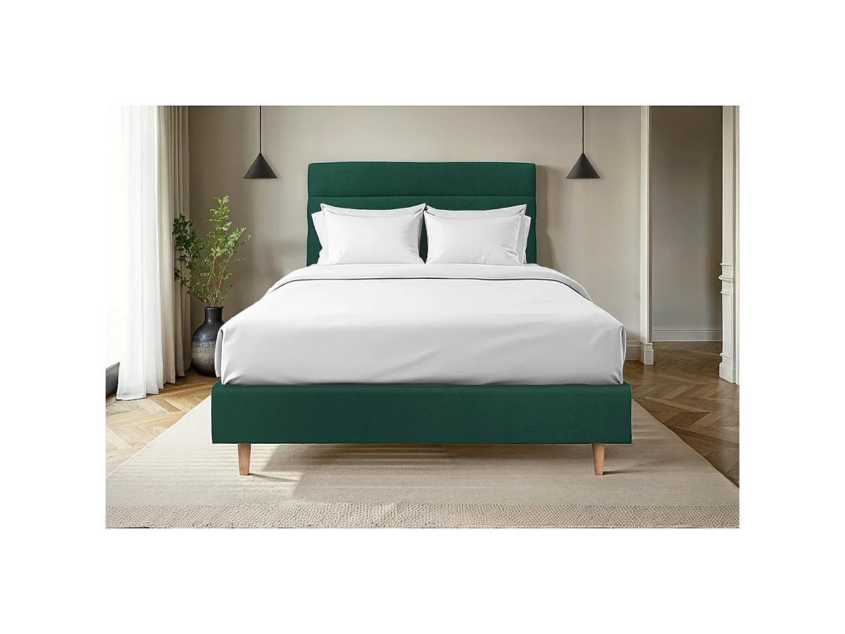 Lit 160x200cm avec tête de lit lignes velours et sommier tapissier vert - Hauteur totale : 35cm