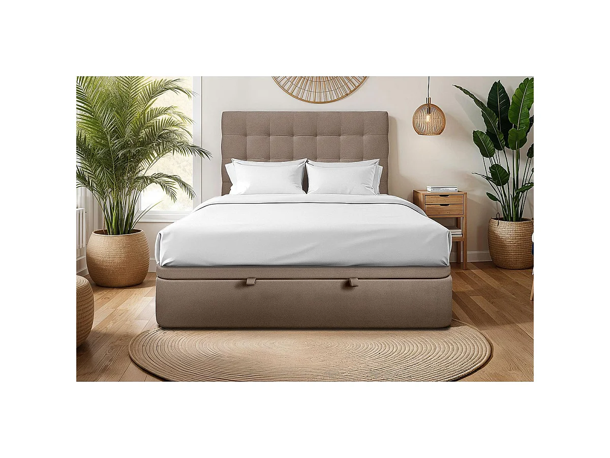 Lit coffre 160x200cm avec tête de lit capitonnée Velours Taupe - Hauteur totale : 39cm