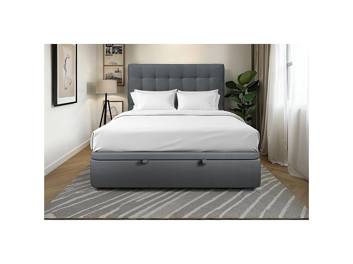 Lit coffre 160x200cm avec tête de lit capitonnée Velours Gris anthracite - Hauteur totale : 39cm