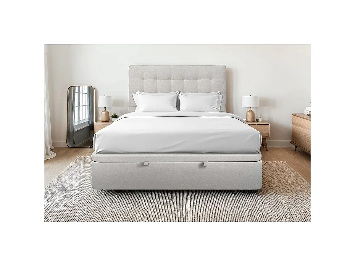 Lit coffre 160x200cm avec tête de lit capitonnée Velours Gris clair - Hauteur totale : 39cm