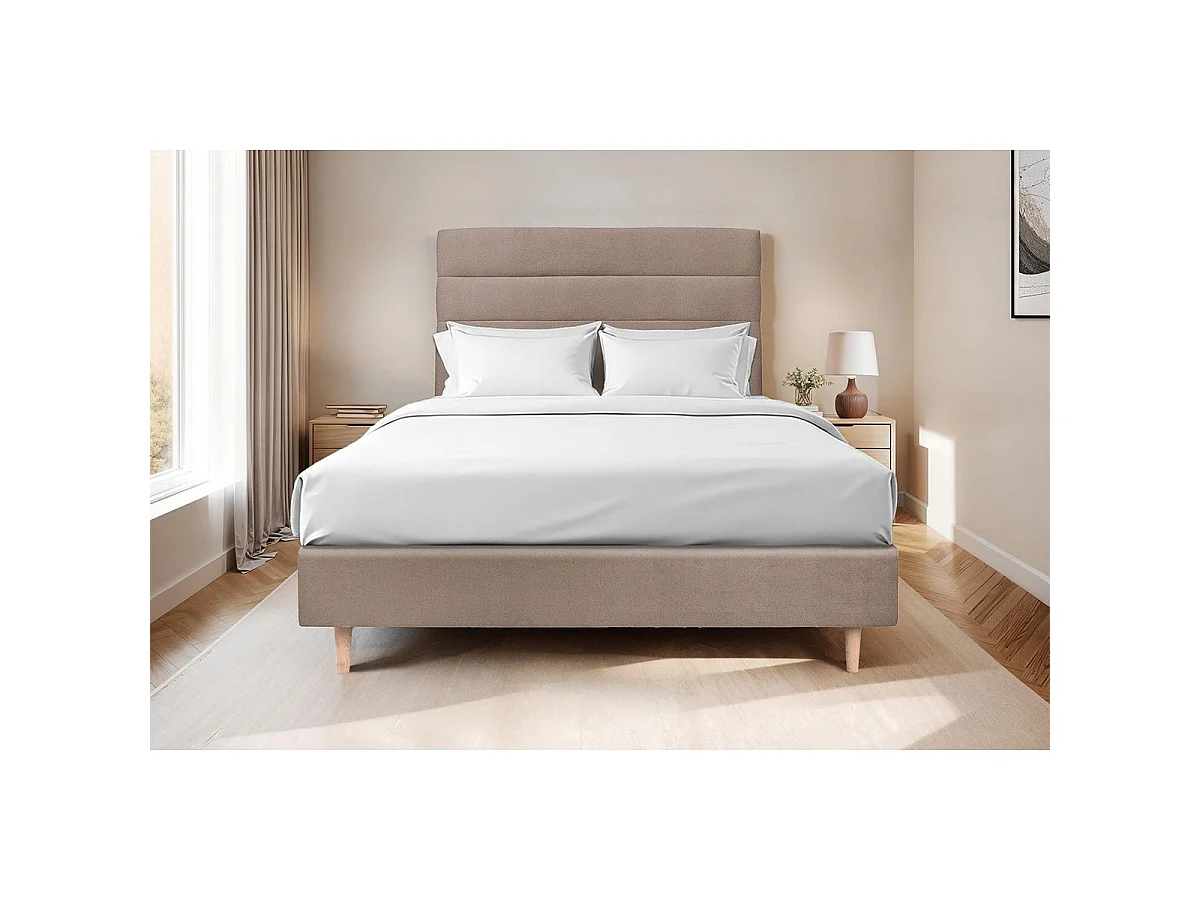 Lit 160x200cm avec tête de lit lignes velours et sommier tapissier taupe - Hauteur totale : 35cm