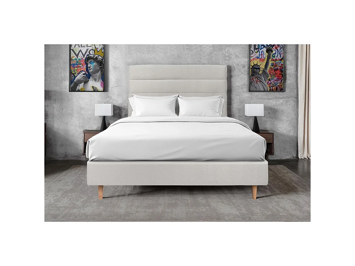 Lit 160x200cm avec tête de lit lignes velours et sommier tapissier gris clair - Hauteur totale : 35cm