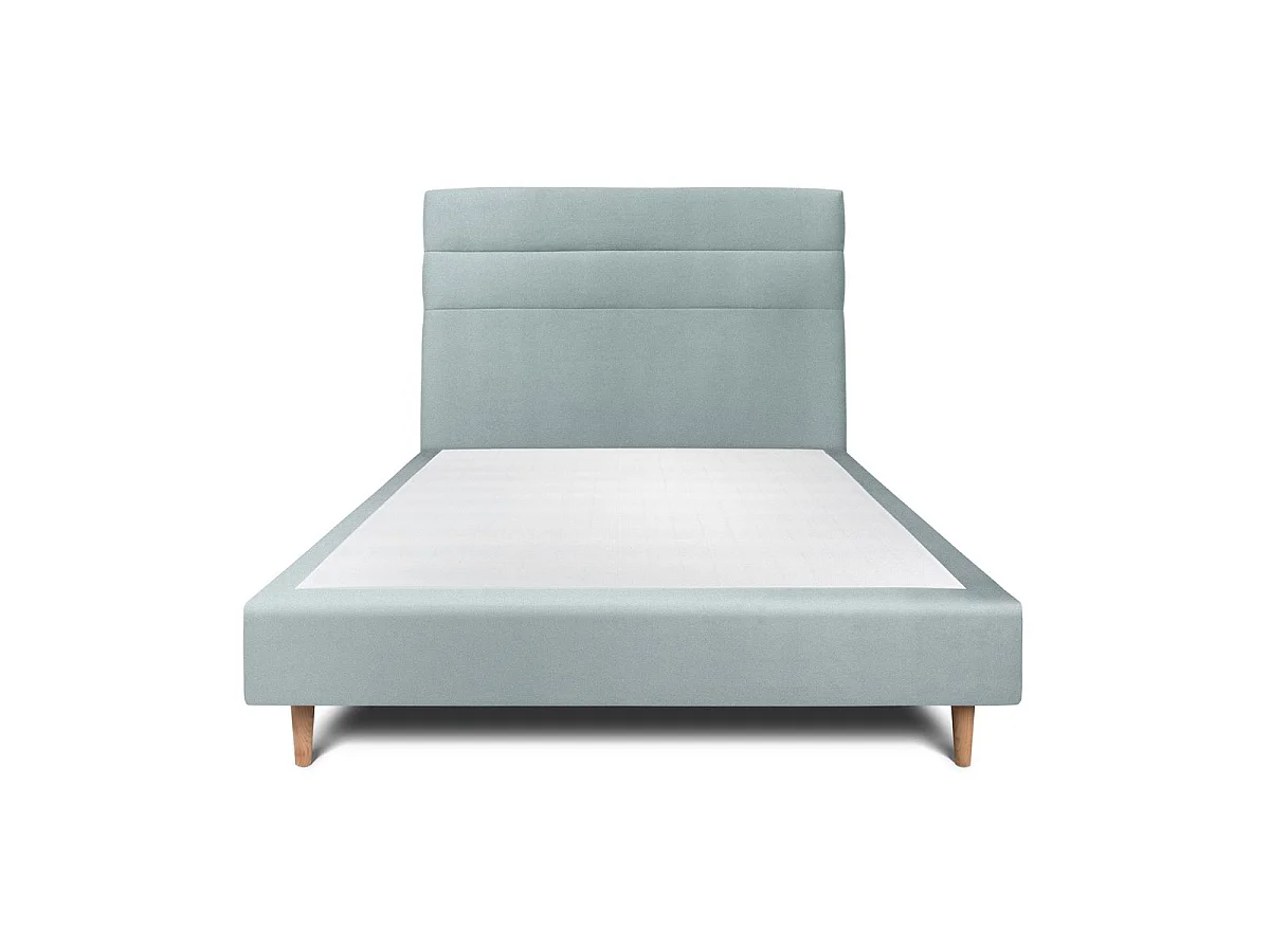 Lit 160x200cm avec tête de lit lignes velours et sommier tapissier gris bleuté - Hauteur totale : 35cm