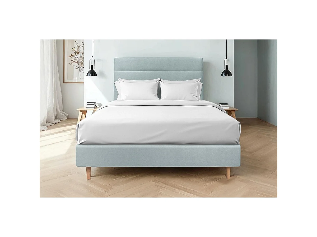 Lit 160x200cm avec tête de lit lignes velours et sommier tapissier gris bleuté - Hauteur totale : 35cm