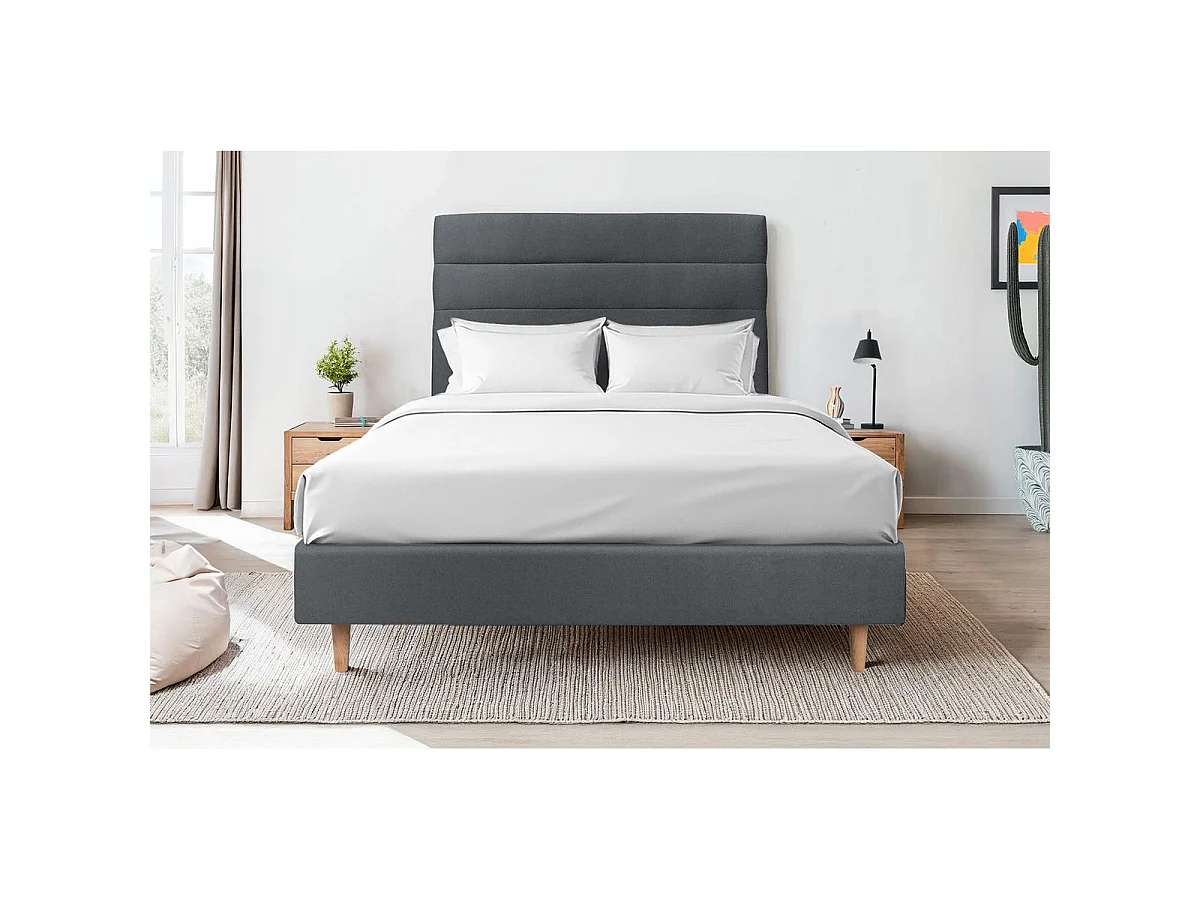 Lit 160x200cm avec tête de lit lignes velours et sommier tapissier gris anthracite - Hauteur totale : 35cm