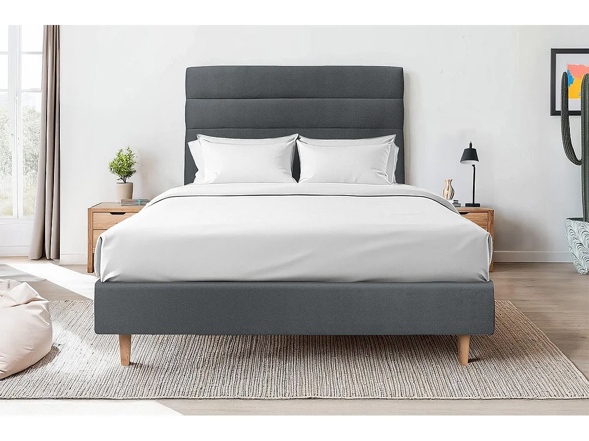 Lit 160x200cm avec tête de lit lignes velours et sommier tapissier gris anthracite - Hauteur totale : 35cm