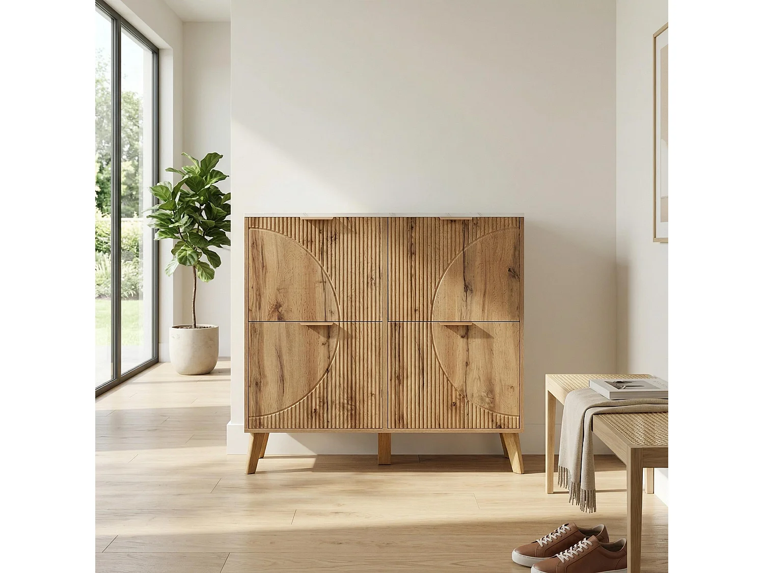 Meuble à chaussures effet blanc marbre et bois naturel 4 portes battantes details dorés