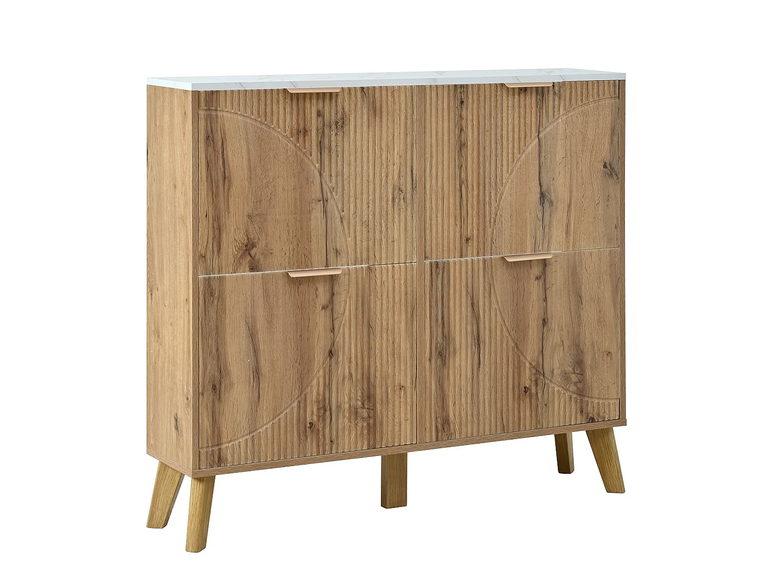 Meuble à chaussures effet blanc marbre et bois naturel 4 portes battantes details dorés