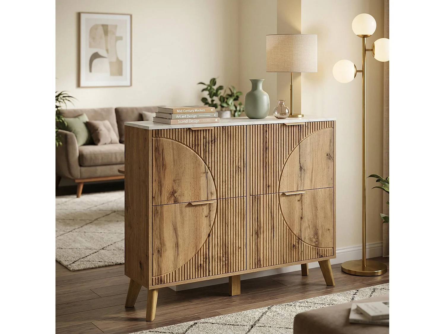 Meuble à chaussures effet blanc marbre et bois naturel 4 portes battantes details dorés