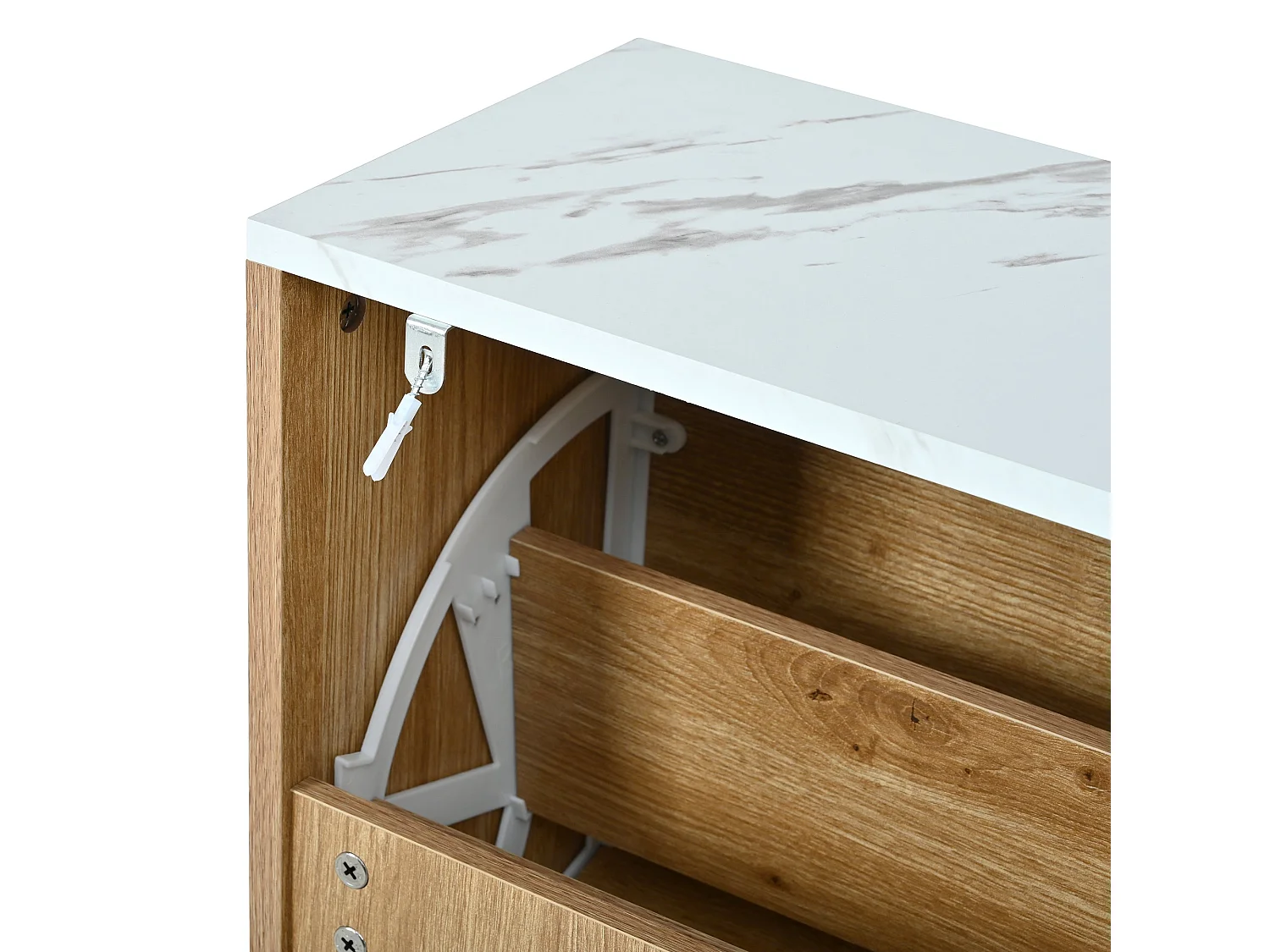 Meuble à chaussures effet blanc marbre et bois naturel 4 portes battantes details dorés