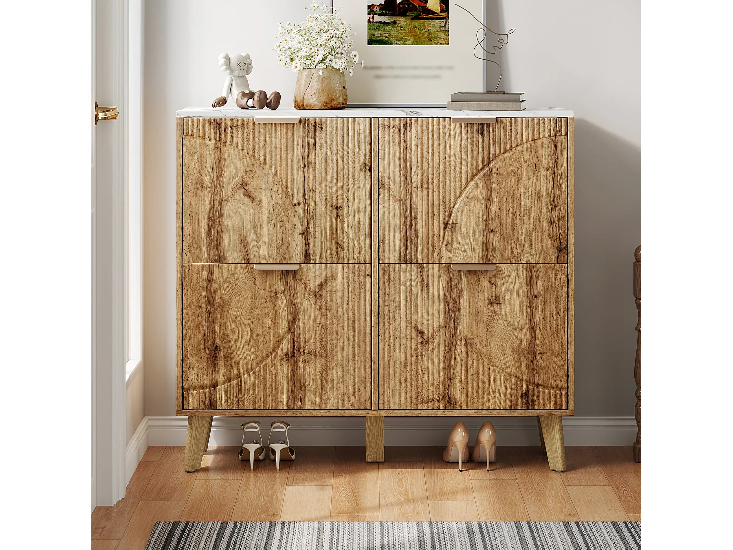 Meuble à chaussures effet blanc marbre et bois naturel 4 portes battantes details dorés