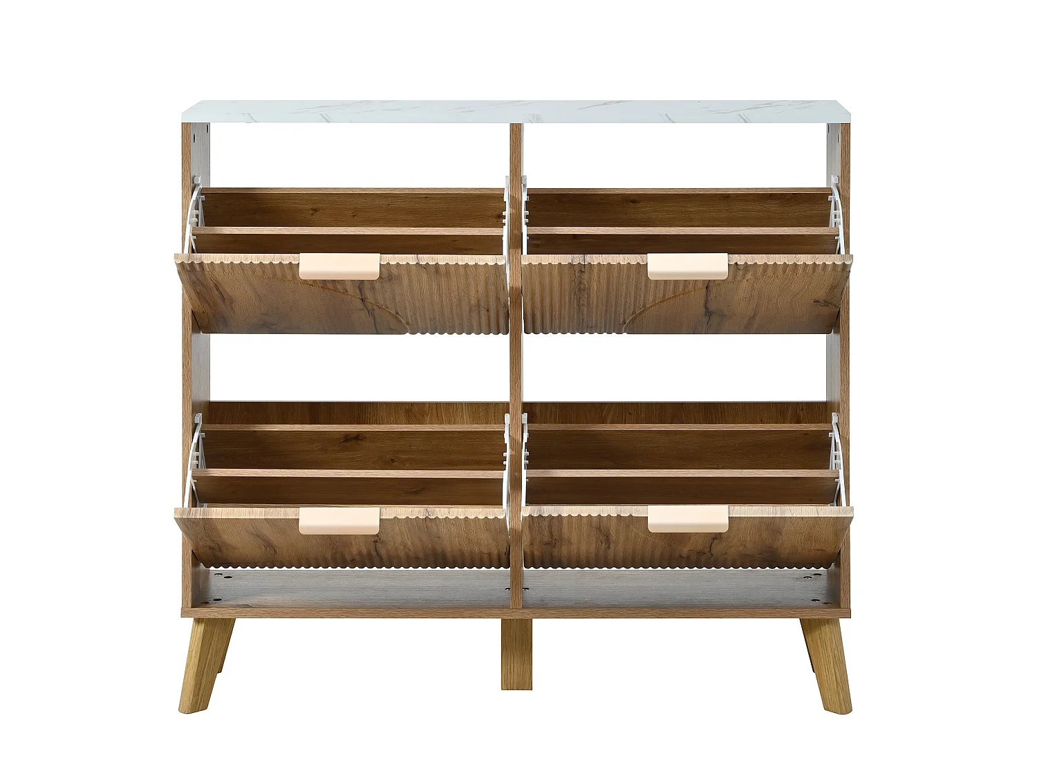 Meuble à chaussures effet blanc marbre et bois naturel 4 portes battantes details dorés