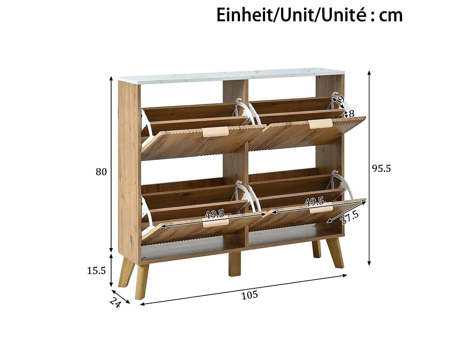 Meuble à chaussures effet blanc marbre et bois naturel 4 portes battantes details dorés