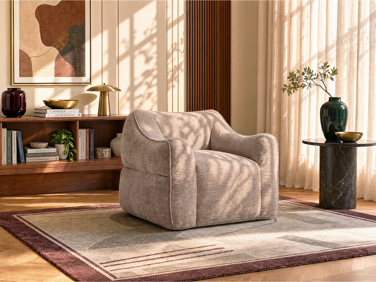 Fauteuil compressé en tissu texturé taupe LENAPI