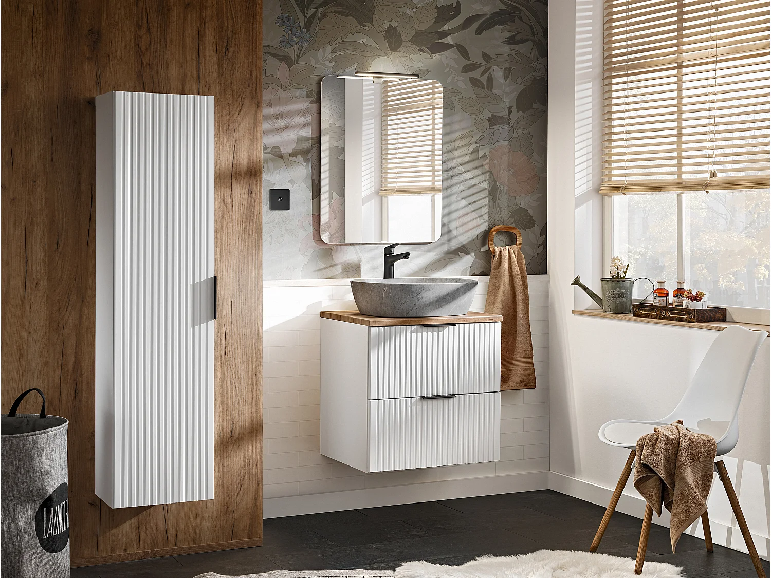 Wall Hung Vanity Unit White Bathroom Cabinet with Drawers 600mm Oak Countertop Worktop Ribbed Fluted Adel
