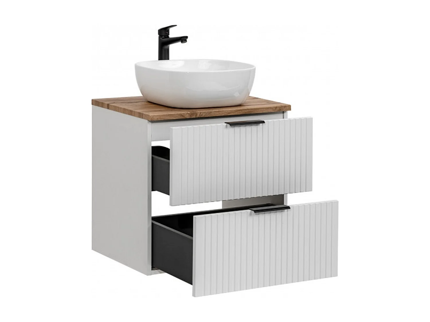 Wall Hung Vanity Unit White Bathroom Cabinet with Drawers 600mm Oak Countertop Worktop Ribbed Fluted Adel