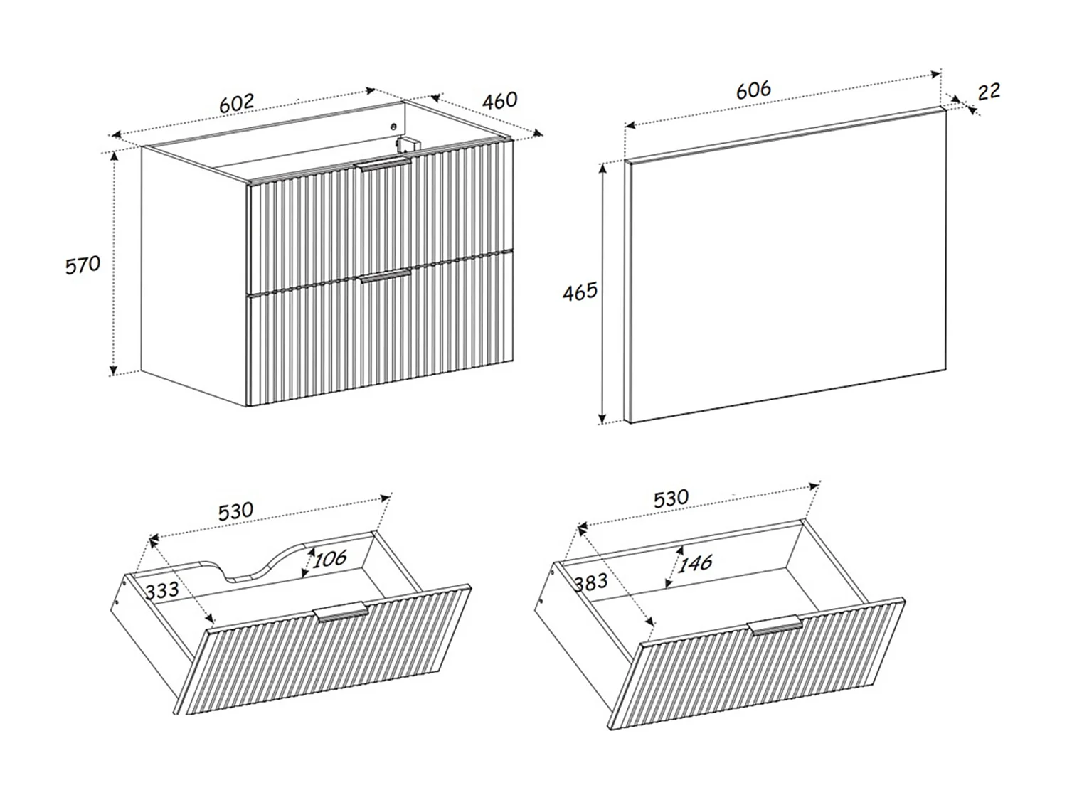 Wall Hung Vanity Unit White Bathroom Cabinet with Drawers 600mm Oak Countertop Worktop Ribbed Fluted Adel