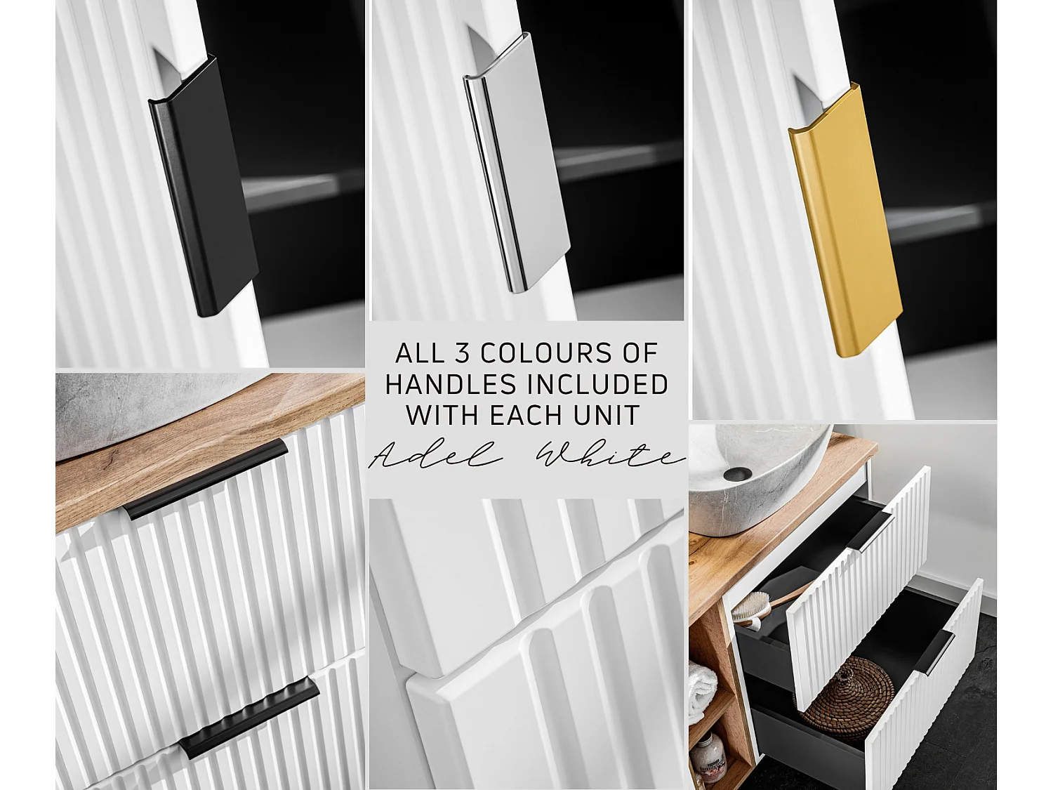 Wall Hung Vanity Unit White Bathroom Cabinet with Drawers 600mm Oak Countertop Worktop Ribbed Fluted Adel