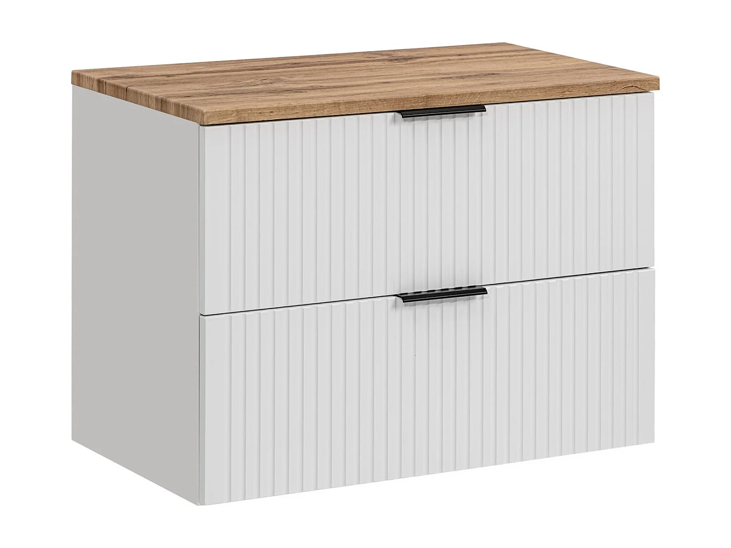 Wall Hung Vanity Unit 800mm Bathroom Cabinet with Drawer Ribbed Fluted White with Oak Effect Countertop Adel