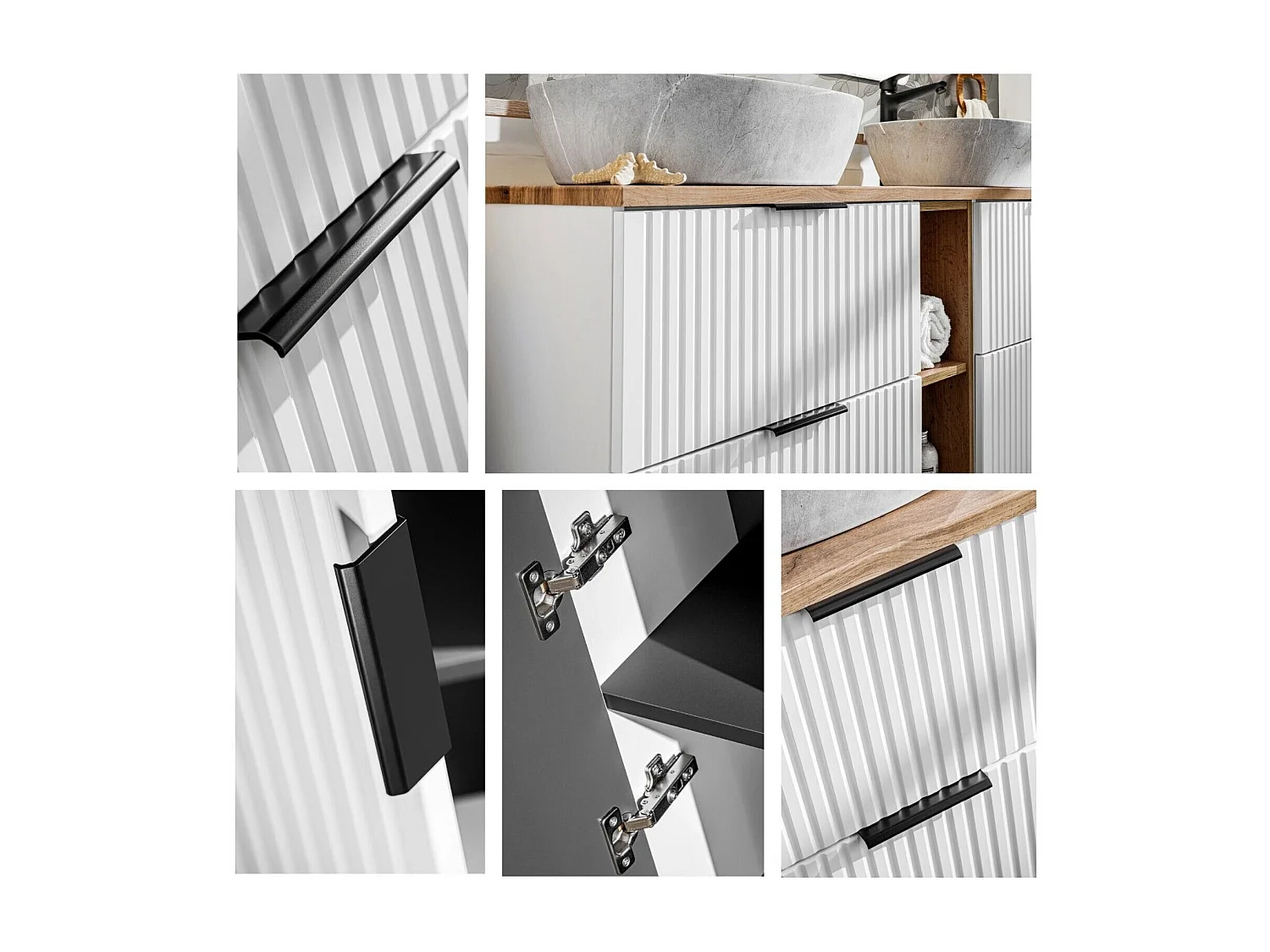 Wall Hung Vanity Unit 800mm Bathroom Cabinet with Drawer Ribbed Fluted White with Oak Effect Countertop Adel